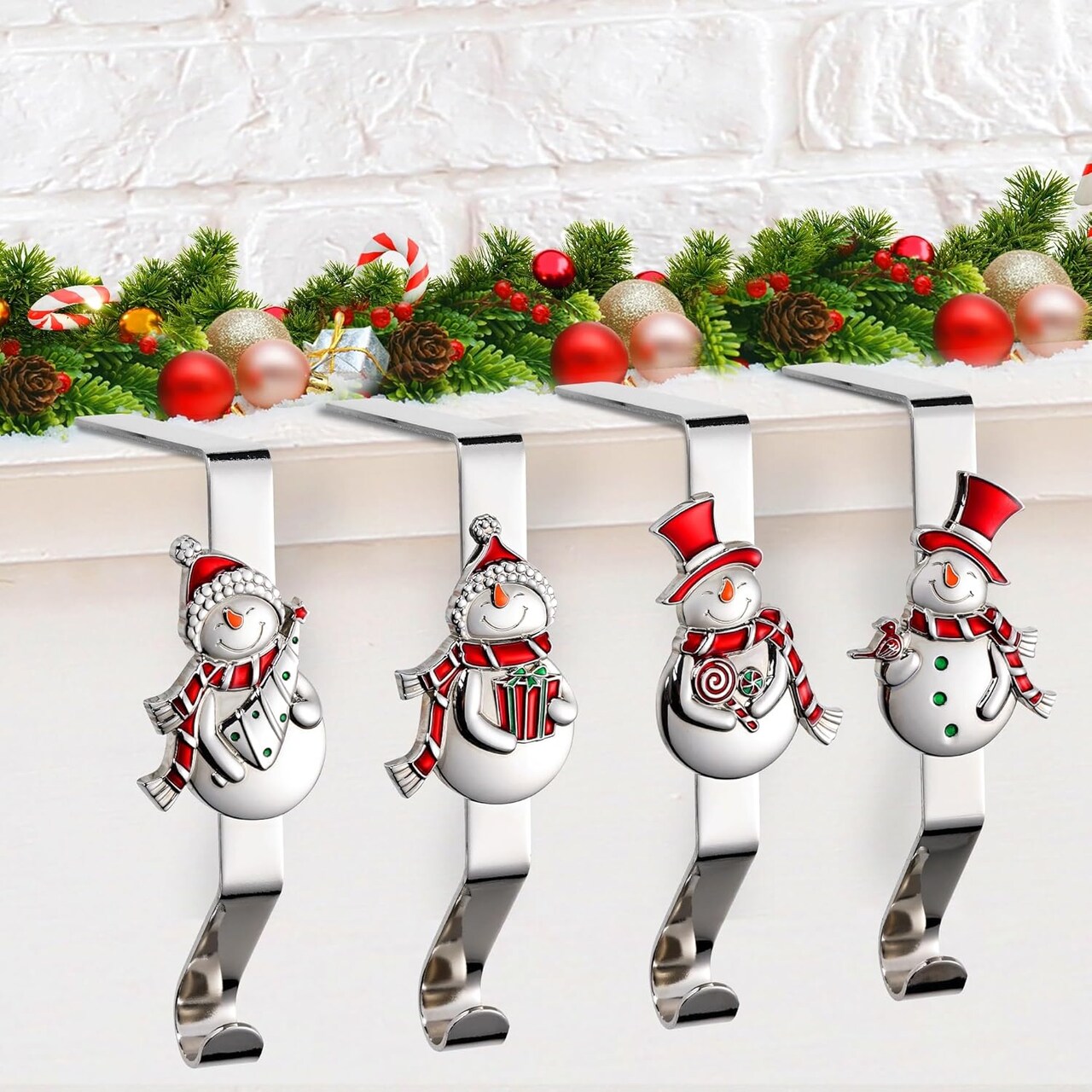 Christmas Stocking Holders for Mantle Set 4, Snowman Stocking Holder Christmas Stocking Hangers for Mantel Stocking Holder, Stocking Hooks for Mantle Stocking Holders Silver Stocking Holder